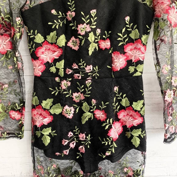 ASOS Black Mesh Floral Overlay Bodysuit Dress - Picture 3 of 16